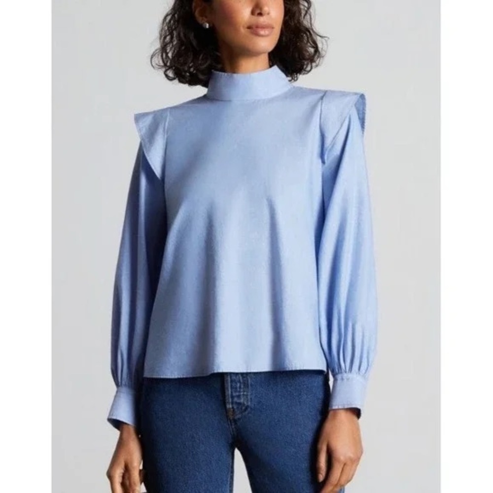 Everlane Blue Long Sleeve Ruffle Mock Neck Blue Scandi Top Size 8